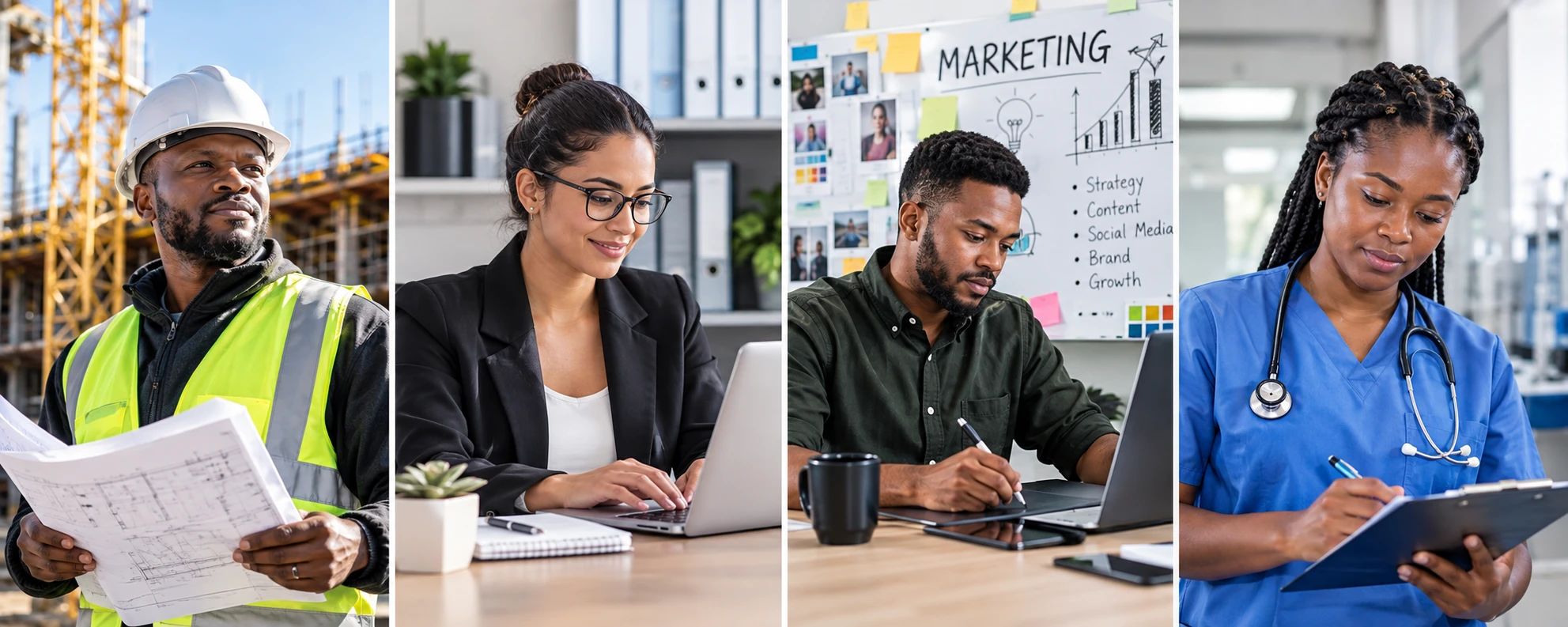 Owner-operators at work: a site manager, a professional at a laptop, a marketer, and a healthcare worker
